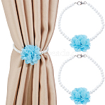 2Pcs Polyester Flower & Glass Pearl Curtain Tiebacks Clips, Window Curtain Holdbacks, with Alloy Lobster Claw Clasps, Deep Sky Blue, 35.5mm(HJEW-DR00230)