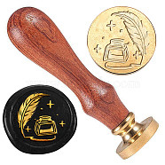 Golden Plated Brass Sealing Wax Stamp Head, with Wood Handle, for Envelopes Invitations, Gift Cards, Feather, 83x22mm, Head: 7.5mm, Stamps: 25x14.5mm(AJEW-WH0208-950)