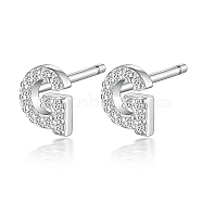Rhodium Plated 925 Sterling Silver Initial Letter Stud Earrings, with Cubic Zirconia, Platinum, Letter G, 5x5mm(HI8885-07)