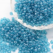 8/0 Glass Seed Beads, Grade A, Round, Transparent Colours Lustered, Sky Blue, 2.8~3.2mm, Hole: 1.0mm, about 1500pcs/50g(X-SEED-J012-F8-119)
