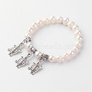 Natural Pearl Stretch Charm Bracelets, with Alloy Tortoise Charms, Seashell Color, 2 inch(50mm)(BJEW-R297-06)