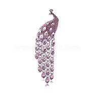 Ethnic Style Peacock Long Tassel Pins, Alloy Rhinestone Brooch for Women's Sweaters Coats Suits, Light Rose, 140x35mm(PW-WG89915-03)