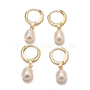 Brass Hoop Earrings, with Natural Pearl, Long-Lasting Plated, Real 18K Gold Plated, White, 28mm, Pin: 0.8mm(X-EJEW-D275-02G-01)