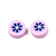 Handmade Polymer Clay Beads, Flat Round with Flower, Pink, 9~10x4~4.5mm, Hole: 1.2~1.8mm(CLAY-N011-56-04)