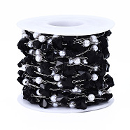 Glass Butterfly & ABS Plastic Pearl Beaded Chains, with Stainless Steel Color Plated 316 Stainless Steel Paperclip Chains, Soldered, Faceted, with Spool, Black, 6x8x4.5mm, about 16.40 Feet(5m)/Roll(CHS-N003-02-04)