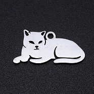 201 Stainless Steel Kitten Pendants, Lying Down Cat Shape, Stainless Steel Color, 9.5x19x1mm, Hole: 1.2mm(STAS-N090-JN857-1)