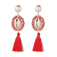 Beads Wire Wrap Long Dangle Stud Earring, Natural Shell with Polyester Tassel Drop Earrings for Women, Golden, Red, 85mm, Pin: 0.9mm(EJEW-TA00039-03)