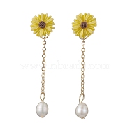 Natural Pearl & Resin Sunflower Dangle Stud Earrings, Golden 304 Stainless Steel Chains Tassel Earrings, Yellow, 55x13.5mm(EJEW-JE05692-02)