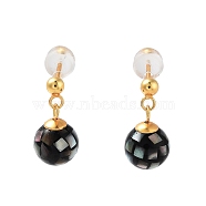 Black Lip Shell Ball Stud Earrings for Women, Sterling Silver Dangle Earrings, Real 18K Gold Plated, 16.5x8mm(EJEW-E303-41G)