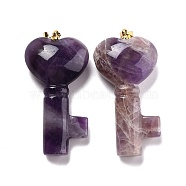 Natural Amethyst Pendants, with Golden Brass Jump Ring, Key with Heart, 43x22x10.4mm, Hole: 3.8x5mm(G-B020-05G-04)