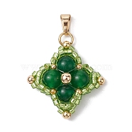 Dyed Natural Malaysia Jade & Glass Seed Beaded Woven Pendants, Star Charms with 304 Stainless Steel Snap on Bails, Golden, Green, 25x25x6mm, Hole: 6.5x3mm(PALLOY-MZ00365-01)