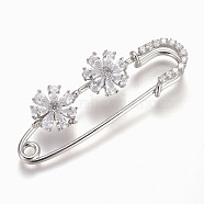Brass Micro Pave Cubic Zirconia Safety Brooch, Flower, Clear, Platinum, 55x19mm, Pin: 1.5mm(JEWB-I010-03P)