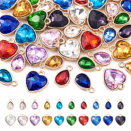 Pandahall 40Pcs 20 Styles Faceted Glass Rhinestone Pendants, with Golden Tone Zinc Alloy Findings, Teardrop & Heart Charms, Mixed Color, 15~16.5x9~14x5~6.5mm, Hole: 1.6~2mm, 2Pcs/style(GLAA-TA0001-44)