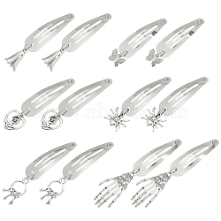 6 Pairs 6 Styles Alloy Snap Hair Clips for Woman Girls, Platinum, Butterfly & Spider & Key & Ghost, Platinum, 60~76mm, 1 pair/style(OHAR-CP0001-12)