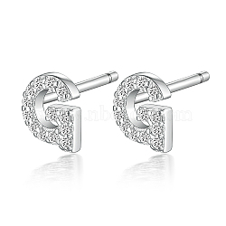 Anti-Tarnish Rhodium Plated 925 Sterling Silver Initial Letter Stud Earrings, with Cubic Zirconia, Platinum, Letter G, 5x5mm(HI8885-07)