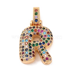 Brass Micro Pave Cubic Zirconia Pendants, Real 18K Gold Plated, Colorful, Letter R, 18.5~24x12.5~25.5x5~5.5mm, Hole: 5x3mm(KK-C076-29R-G02)