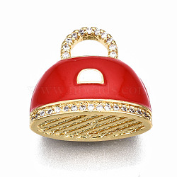 Brass Micro Pave Cubic Zirconia Enamel Pendants, Nickel Free, Bag, Real 16K Gold Plated, FireBrick, 17x18x9.5mm, Hole: 4x5mm(ZIRC-Q200-022C-NF)