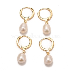 Brass Hoop Earrings, with Natural Pearl, Long-Lasting Plated, Real 18K Gold Plated, White, 28mm, Pin: 0.8mm(X-EJEW-D275-02G-01)