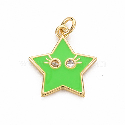 Brass Micro Pave Clear Cubic Zirconia Pendants, with Enamel & Jump Ring, Cadmium Free & Nickel Free & Lead Free, Star Smiling Face, Real 16K Gold Plated, Lime, 19x17x2mm, Jump Ring: 5x1mm, 3mm inner diameter(X-ZIRC-S067-065D-NR)