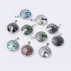 Natural & Synthetic Mixed Stone Pendants, with Platinum Plated Brass Findings, Flat Round with Tree of Life, 31x27x8mm, Hole: 3.5x7mm(G-P350-D)