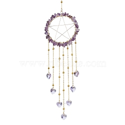 Wire Wrapped Natural Amethyst Chips Ring Hanging Ornaments, Glass Heart Tassel Suncatchers for Indoor Window Patio Garden Decorations, 314mm(HJEW-JM02371-06)