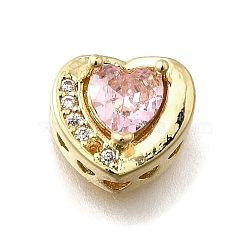 Brass Cubic Zirconia Heart Multi-Strand Links, Golden, Long-Lasting Plated, Rack Plating, Pink, 9x10x7mm, Hole: 1.6mm(KK-M316-10G-02)