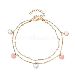 Alloy Enamel Heart Charm Anklet, Ion Plating(IP) 304 Stainless Steel Satellite Chains Double Layer Anklet, Golden, 9 inch(22.8cm)(AJEW-AN00553)