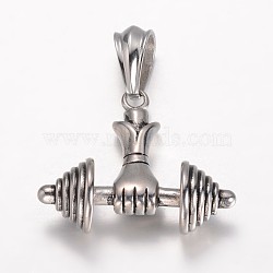 304 Stainless Steel Pendants, Weightlifting, Dumbbell, Gym Charms, Antique Silver, 35x40.5x16mm, Hole: 12x8mm(STAS-D441-01AS)