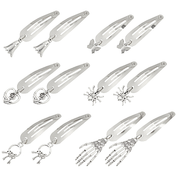6 Pairs 6 Styles Alloy Snap Hair Clips for Woman Girls, Platinum, Butterfly & Spider & Key & Ghost, Platinum, 60~76mm, 1 pair/style