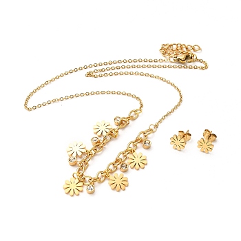 PVD Vacuum Plating 304 Stainless Steel Stud Earring and Pendant Necklace Set, Jewelry Set for Women, Golden, Flower Pattern, 420mm, 9x9mm, Pin: 0.6mm