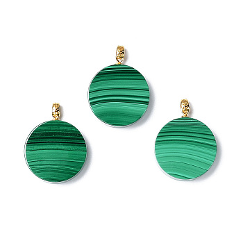 Natural Malachite Pendants, Flat Round Charms, with Golden Plated 925 Sterling Snap on Bails, 24x20x4.5mm, Hole: 1.6x2.8mm