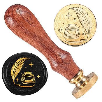 Golden Plated Brass Sealing Wax Stamp Head, with Wood Handle, for Envelopes Invitations, Gift Cards, Feather, 83x22mm, Head: 7.5mm, Stamps: 25x14.5mm