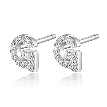 Rhodium Plated 925 Sterling Silver Initial Letter Stud Earrings, with Cubic Zirconia, Platinum, Letter G, 5x5mm