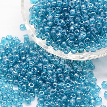 8/0 Glass Seed Beads, Grade A, Round, Transparent Colours Lustered, Sky Blue, 2.8~3.2mm, Hole: 1.0mm, about 1500pcs/50g