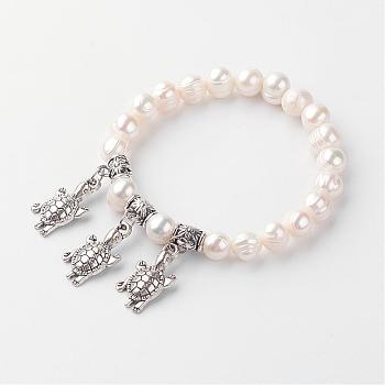 Natural Pearl Stretch Charm Bracelets, with Alloy Tortoise Charms, Seashell Color, 2 inch(50mm)