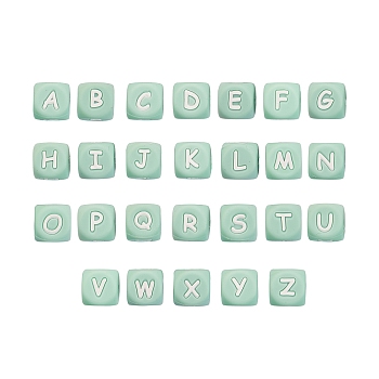 26Pcs 26 Style Silicone Alphabet Beads for Bracelet or Necklace Making, Letter Style, Cube, Turquoise, 12x12x12mm, Hole: 3mm, 1pc/style