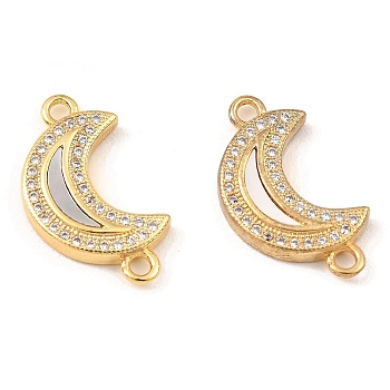 Rack Plating Brass Micro Pave Clear Cubic Zirconia Connector Charms, Moon Links with Freshwater Shell, Long-Lasting Plated, Lead Free & Cadmium Free, Real 18K Gold Plated, 21.5x12x3mm, Hole: 1.8mm