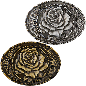 2Pcs 2 Colros Alloy Buckles, Belt Fastener, Oval with Rose Pattern, Mixed Color, 64x88x5mm, Hole: 17x40.5mm, 1pc/color