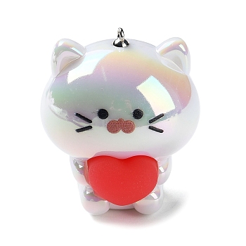 Acrylic Pendants, Cat Shape with Silicone Heart Charms, with Iron Loops, WhiteSmoke, 44.5~45x38x35mm, Hole: 1.6mm