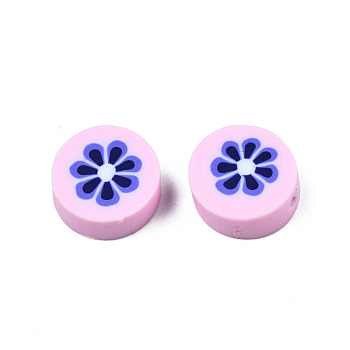 Handmade Polymer Clay Beads, Flat Round with Flower, Pink, 9~10x4~4.5mm, Hole: 1.2~1.8mm