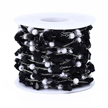 Glass Butterfly & ABS Plastic Pearl Beaded Chains, with Stainless Steel Color Plated 316 Stainless Steel Paperclip Chains, Soldered, Faceted, with Spool, Black, 6x8x4.5mm, about 16.40 Feet(5m)/Roll