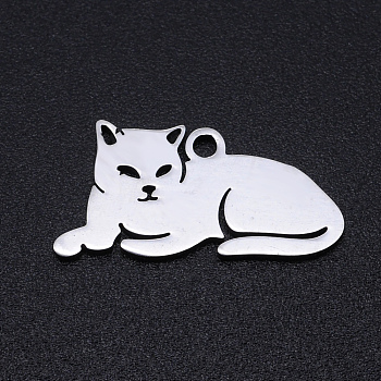 201 Stainless Steel Kitten Pendants, Lying Down Cat Shape, Stainless Steel Color, 9.5x19x1mm, Hole: 1.2mm