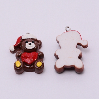 Opaque Resin Pendants with Platnium Tone Iron Accessories, for Christmas, Bear with Heart, Brown, 32.5x22.5x9.5mm, Hole: 1.5mm