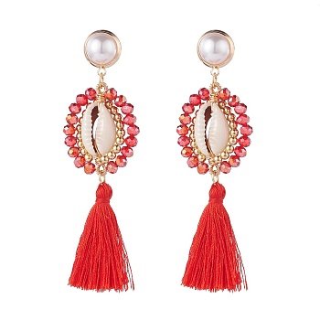 Beads Wire Wrap Long Dangle Stud Earring, Natural Shell with Polyester Tassel Drop Earrings for Women, Golden, Red, 85mm, Pin: 0.9mm