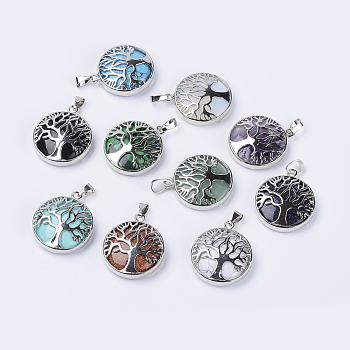 Natural & Synthetic Mixed Stone Pendants, with Platinum Plated Brass Findings, Flat Round with Tree of Life, 31x27x8mm, Hole: 3.5x7mm