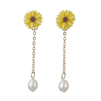 Natural Pearl & Resin Sunflower Dangle Stud Earrings, Golden 304 Stainless Steel Chains Tassel Earrings, Yellow, 55x13.5mm