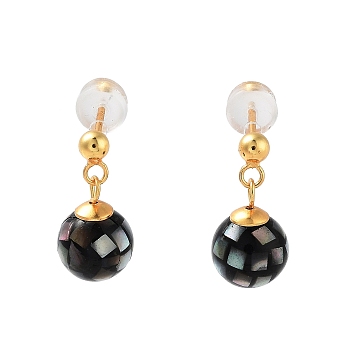 Black Lip Shell Ball Stud Earrings for Women, Sterling Silver Dangle Earrings, Real 18K Gold Plated, 16.5x8mm