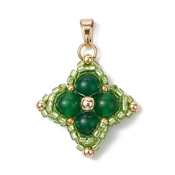 Dyed Natural Malaysia Jade & Glass Seed Beaded Woven Pendants, Star Charms with 304 Stainless Steel Snap on Bails, Golden, Green, 25x25x6mm, Hole: 6.5x3mm