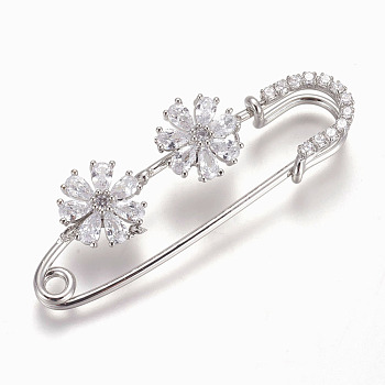 Brass Micro Pave Cubic Zirconia Safety Brooch, Flower, Clear, Platinum, 55x19mm, Pin: 1.5mm