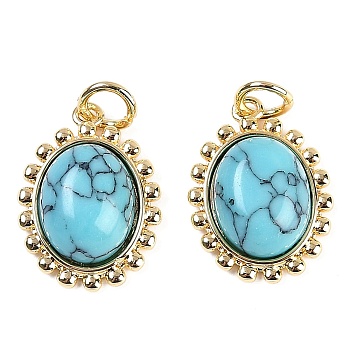 Synthetic Turquoise Oval Pendants, Brass Oval Charms with Jump Rings, Real 18K Gold Plated, 16x12x5mm, Hole: 3mm